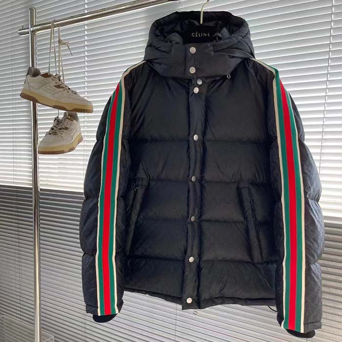 Gucci Women GG Nylon Jacquard Jacket Web Black Stripe Lined Fixed Hood Rib Cuffs