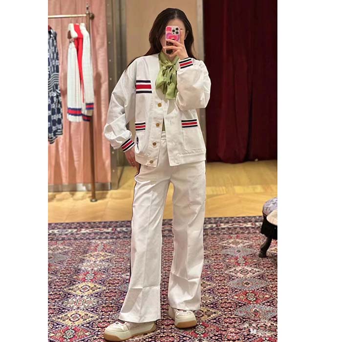 Gucci Women GG Technical Jersey Cardigan Web White V-Neck Dropped Shoulder Long Sleeves