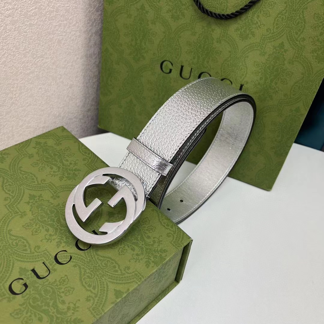Gucci Unisex GG Interlocking G Buckle Wide Belt Silver Leather 4.6 CM Belt