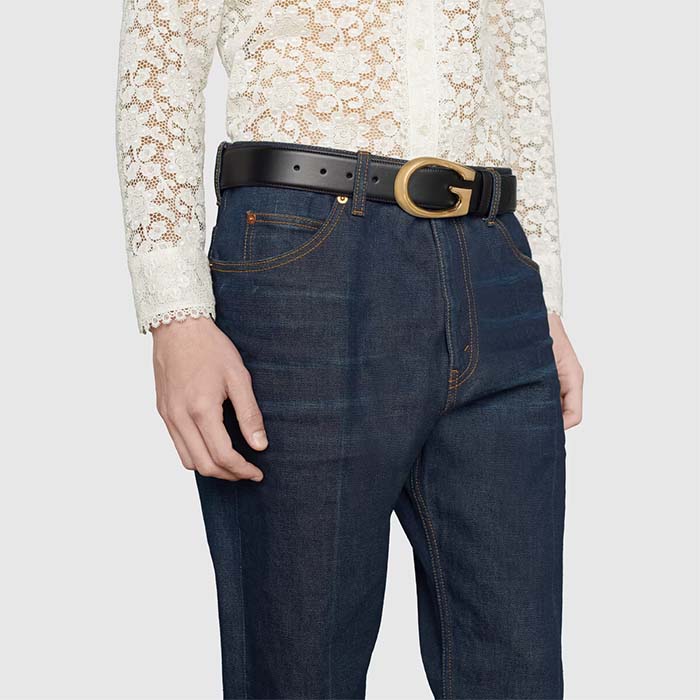 Gucci GG Unisex Belt with G Buckle Black Leather 4 Cm Width