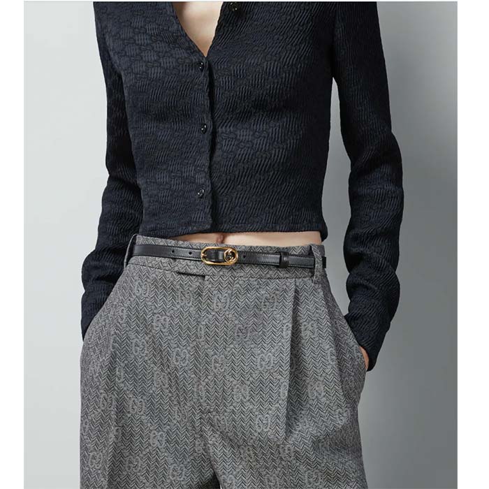 Gucci GG Unisex Thin Belt Mini Round Interlocking G Black Leather 1.5 CM Width