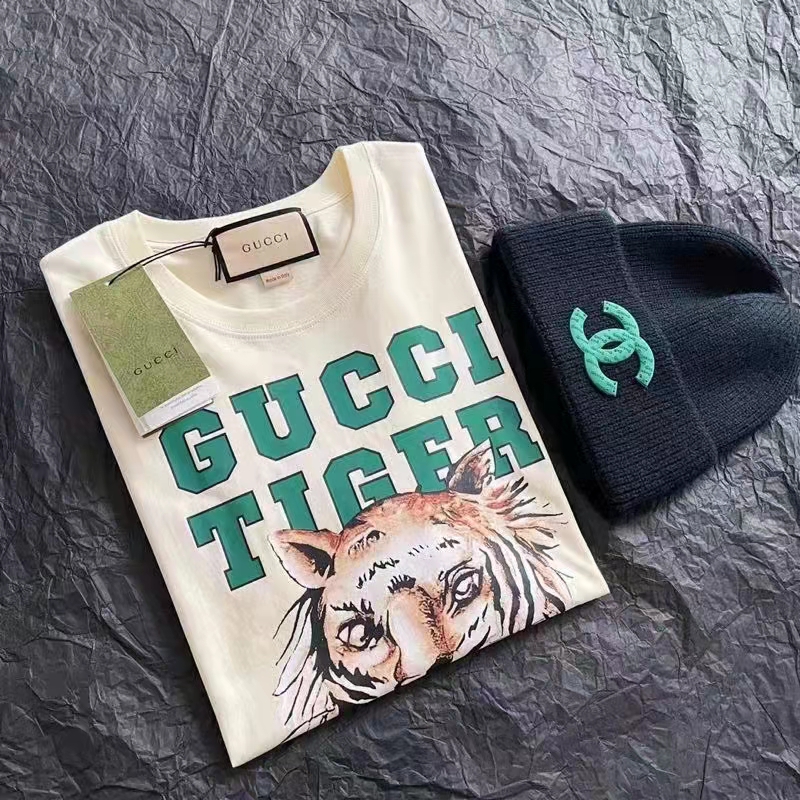 Gucci GG Women Gucci Tiger Cotton T-Shirt White Cotton Jersey Crewneck