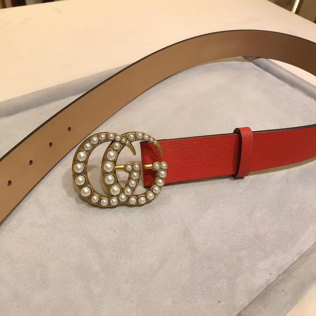 Gucci Unisex Leather Belt Pearl Double G Red 3.8 CM Width