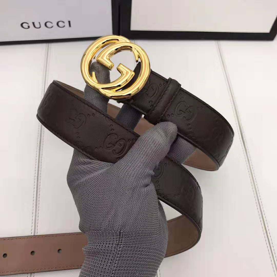Gucci Unisex Gucci Signature Leather Belt with Interlocking G Buckle-Brown
