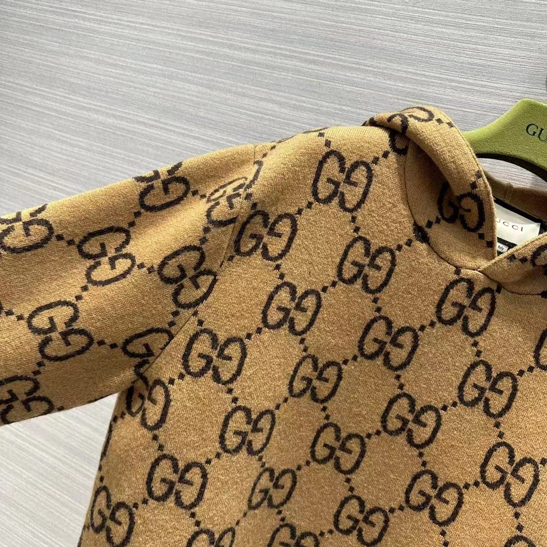 Gucci Women GG Wool Hooded Sweatshirt Camel Ebony Fixed Hood Kangaroo Pocket Rib