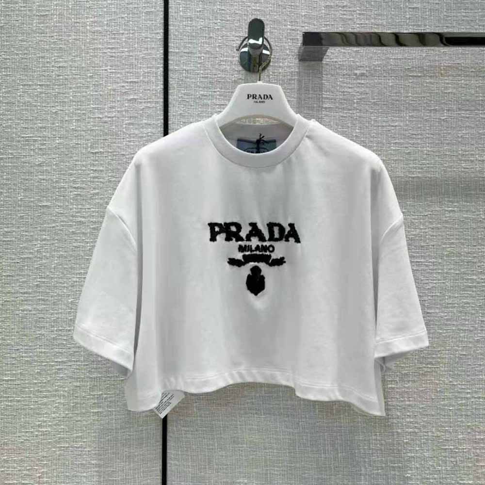 Prada Women Embroidered Interlock Crop T-shirt-White