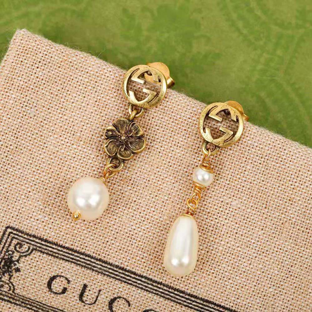 Gucci Women Interlocking G Flower Pearl Earrings