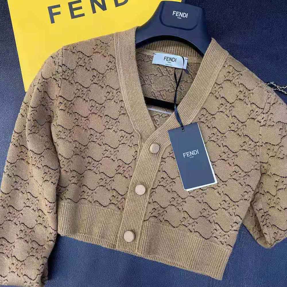 Fendi Women Beige Velvet and Viscose Cardigan with V Neck and Ribbed Edges