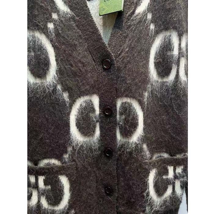 Gucci Women Reversible GG Mohair Wool Cardigan Brushed GG Jacquard Blend V-Neck Front Pockets
