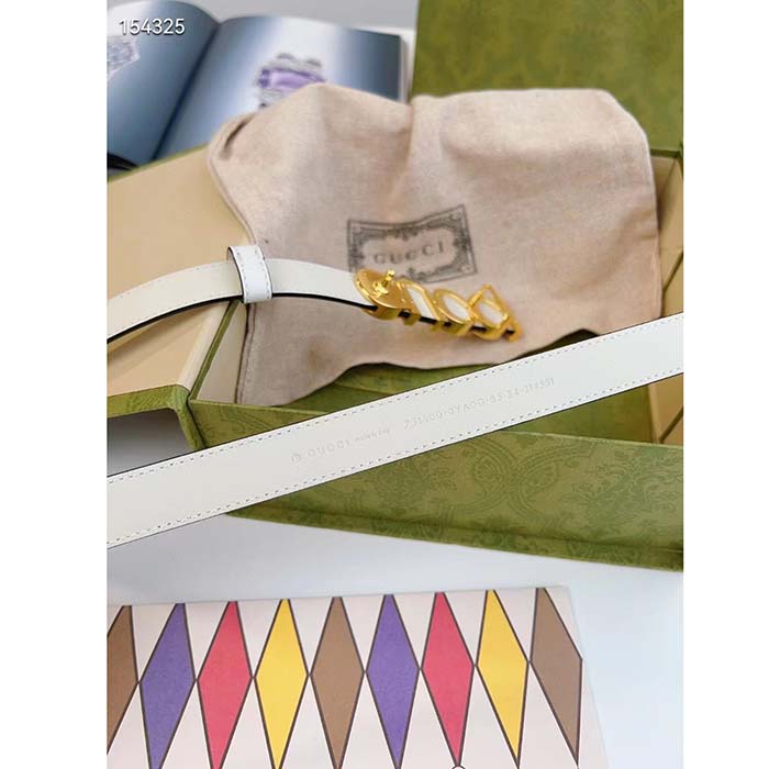 Gucci Unisex Buckle Thin Belt White Leather Gold-Toned Hardware 2 CM Width