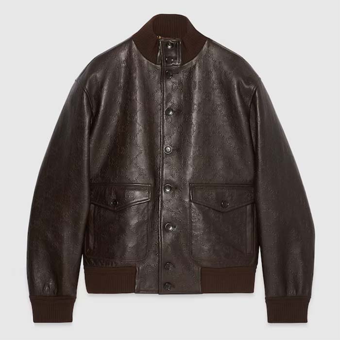 Gucci Men GG Leather Bomber Jacket Brown Lambskin Front Patch Pockets