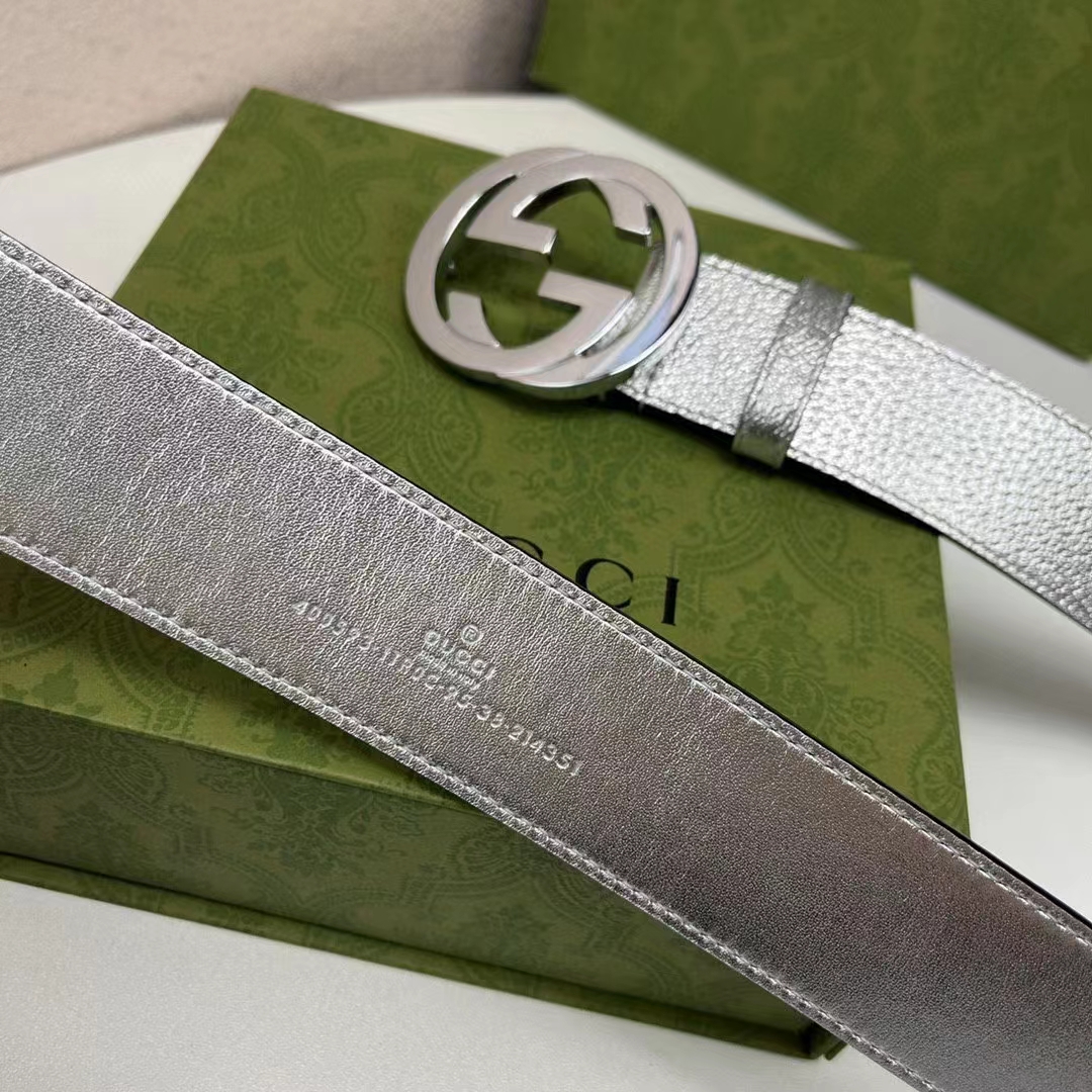 Gucci Unisex GG Interlocking G Buckle Wide Belt Silver Leather 4.6 CM Belt