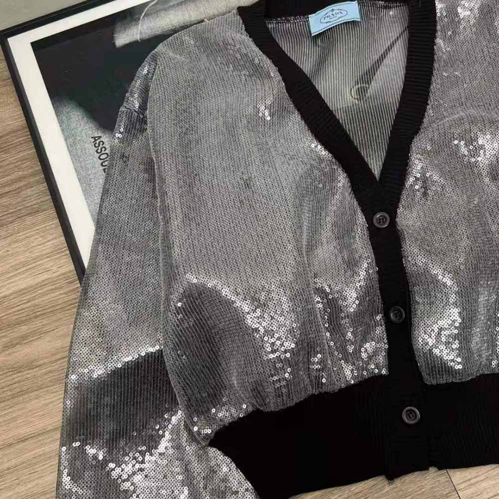 Prada Women Sequin-Embroidered Tulle Crop Top-Black