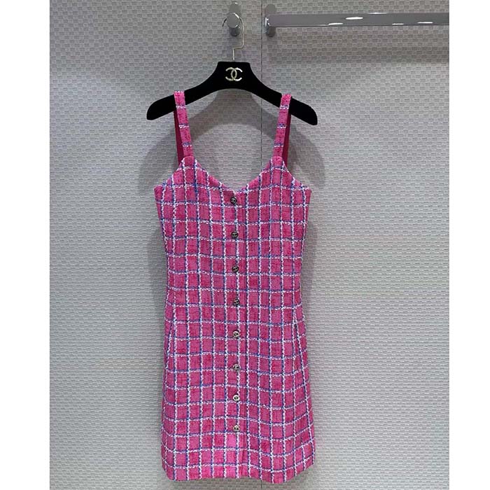 Chanel Women CC Dress Tweed Pink Blue White Ref. P76664 V68503 NU756