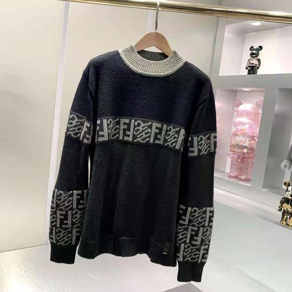 Fendi Men Black Wool Sweater with High Collar and Long Sleeves