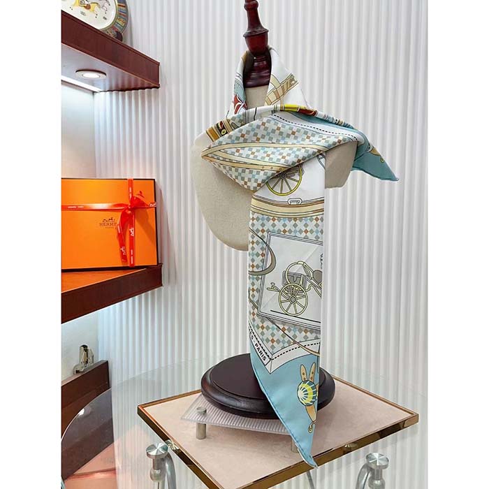 Hermes Women Les Voitures Nouvelles Scarf 70 Silk Bleu Beige