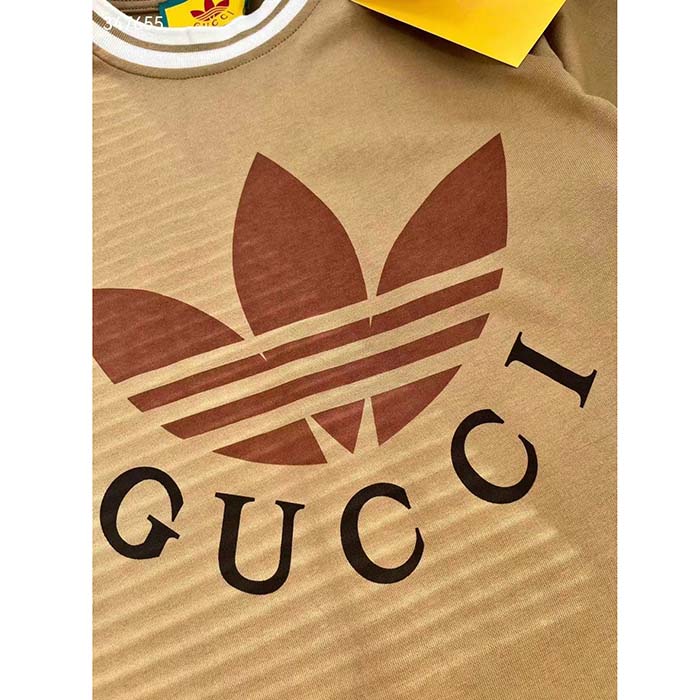 Gucci Women GG Adidas x Gucci Cotton T-Shirt Camel Jersey Trefoil Print Crewneck