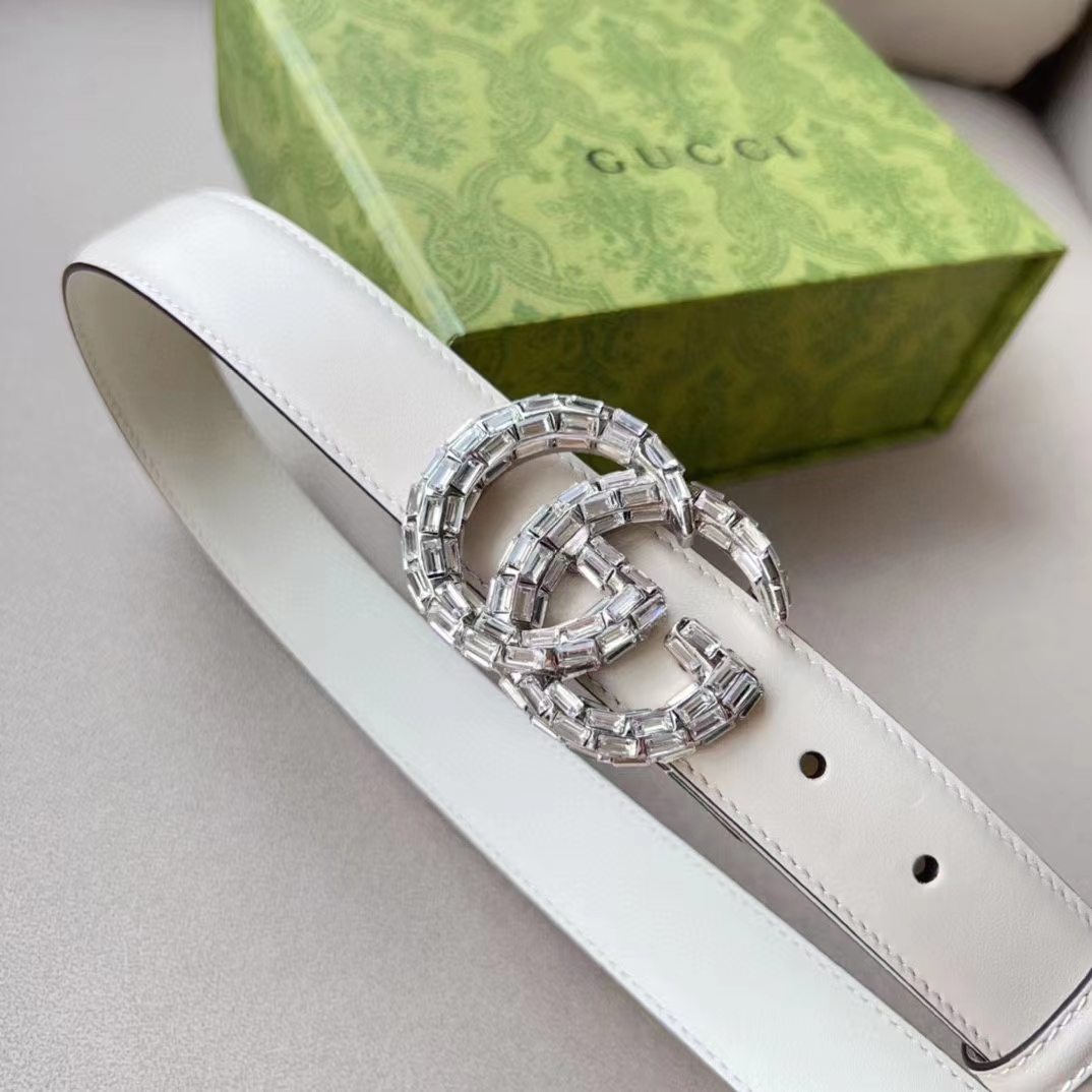 Gucci Unisex GG Marmont Thin Belt Crystals White Leather Double G Buckle 3 CM Width
