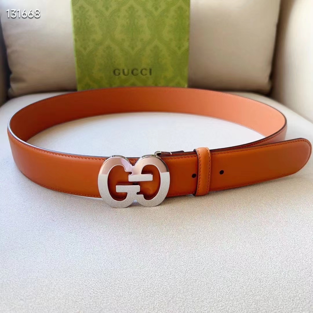 Gucci GG Unisex Buckle Wide Belt Brown Leather Double G 4 CM Width