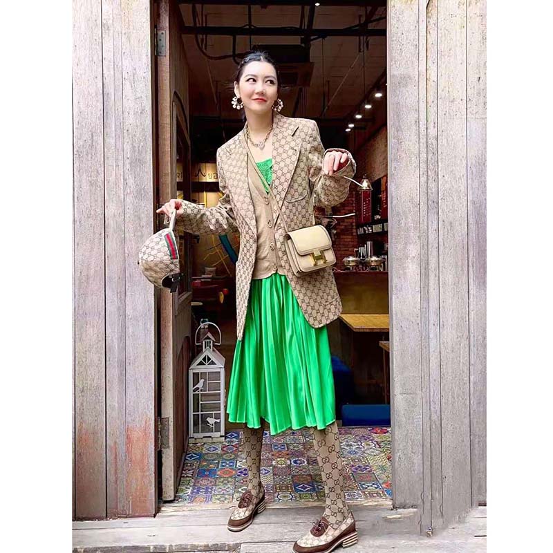 Gucci Women GG Canvas Jacket Camel/Ebony GG Cotton Canvas Full Canvas Construction