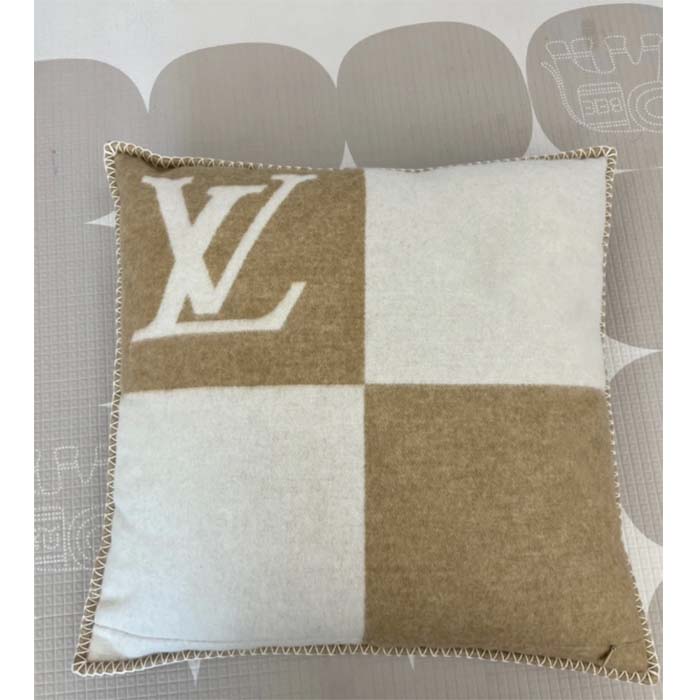 Louis Vuitton Unisex LV Checkmate Cushion Beige Wool Cashmere Jacquard Weave Monogram Flowers M77864