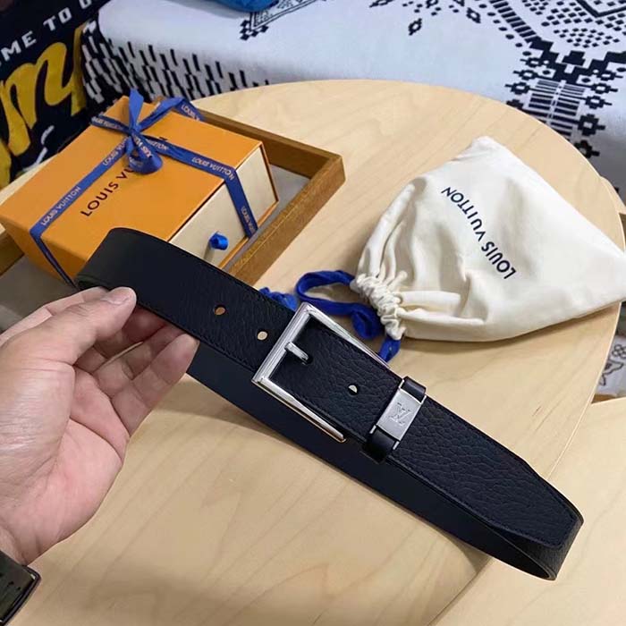 Louis Vuitton Unisex Pont Neuf 35 MM Width Black Taurillon Leather Belt LV Logo
