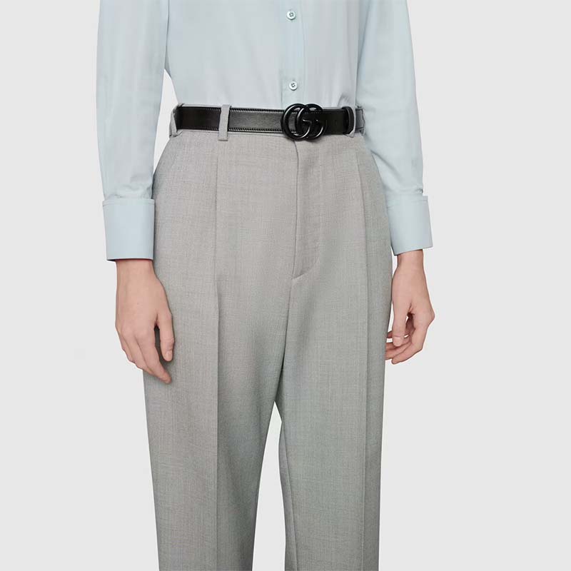 Gucci Unisex GG Marmont Thin Belt Black Leather Double G Buckle 2.5 cm Width