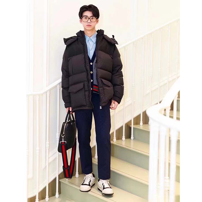 Gucci Men Nylon Down Jacket GG Iserts Black Canvas High Neck Velcro Cuffs Zip Closure