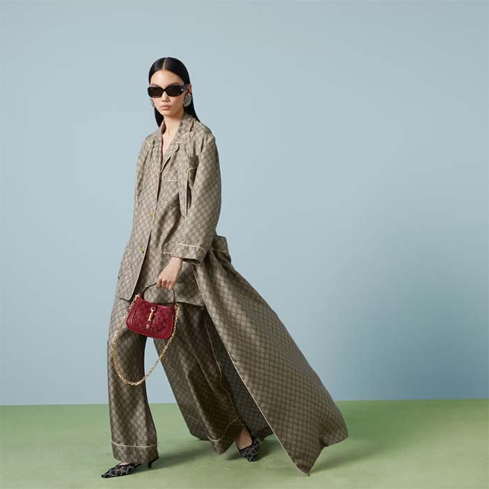 Gucci Men GG Supreme Silk Pant Beige Ebony Piped Unlined Elastic Waist Two Side Pockets Wide Leg