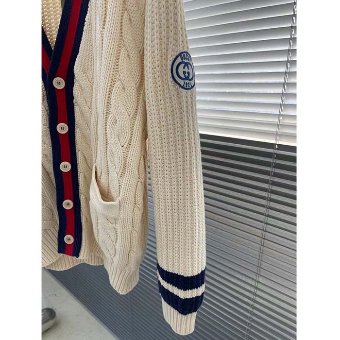 Gucci Women GG Cable Wool Knit Cardigan Web V-Neck Dropped Shoulder Two Front Pockets