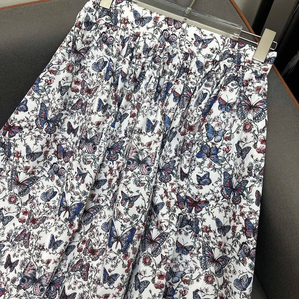 Dior Women Mid-Length Flared Skirt White Cotton Muslin with Multicolor Toile de Jouy Papillon Motif