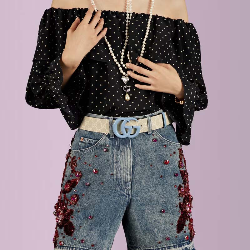 Gucci GG Unisex Marmont Wide Archival Belt Beige White GG Supreme Canvas