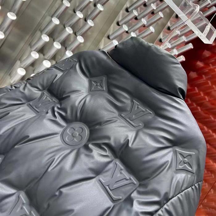 Louis Vuitton Women LV Monogram Leather Hooded Down Jacket Black Lamb Leather Anthracite Regular Fit