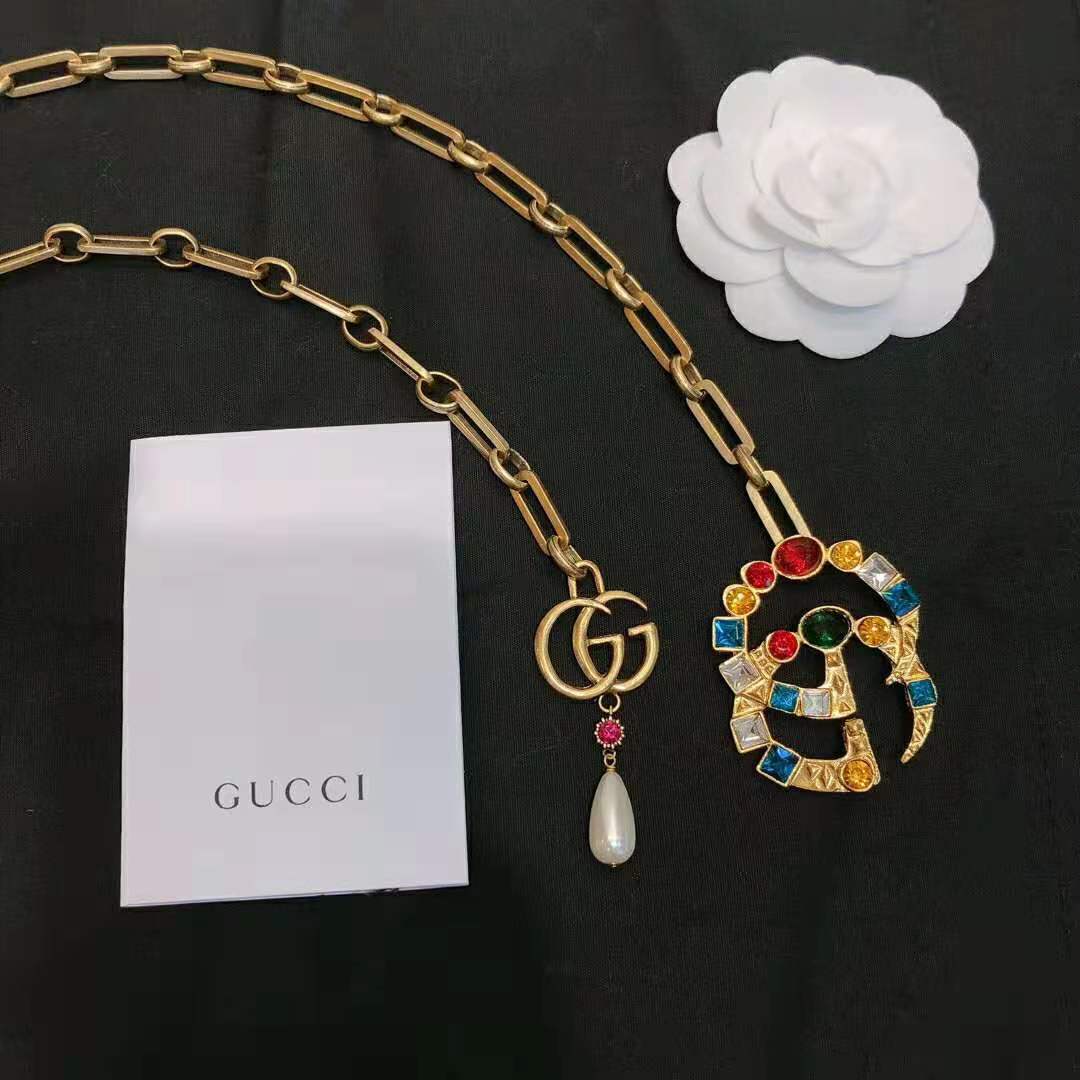 Gucci Women Chain Belt with Crystal Double G Buckle in Gold-Toned Chain