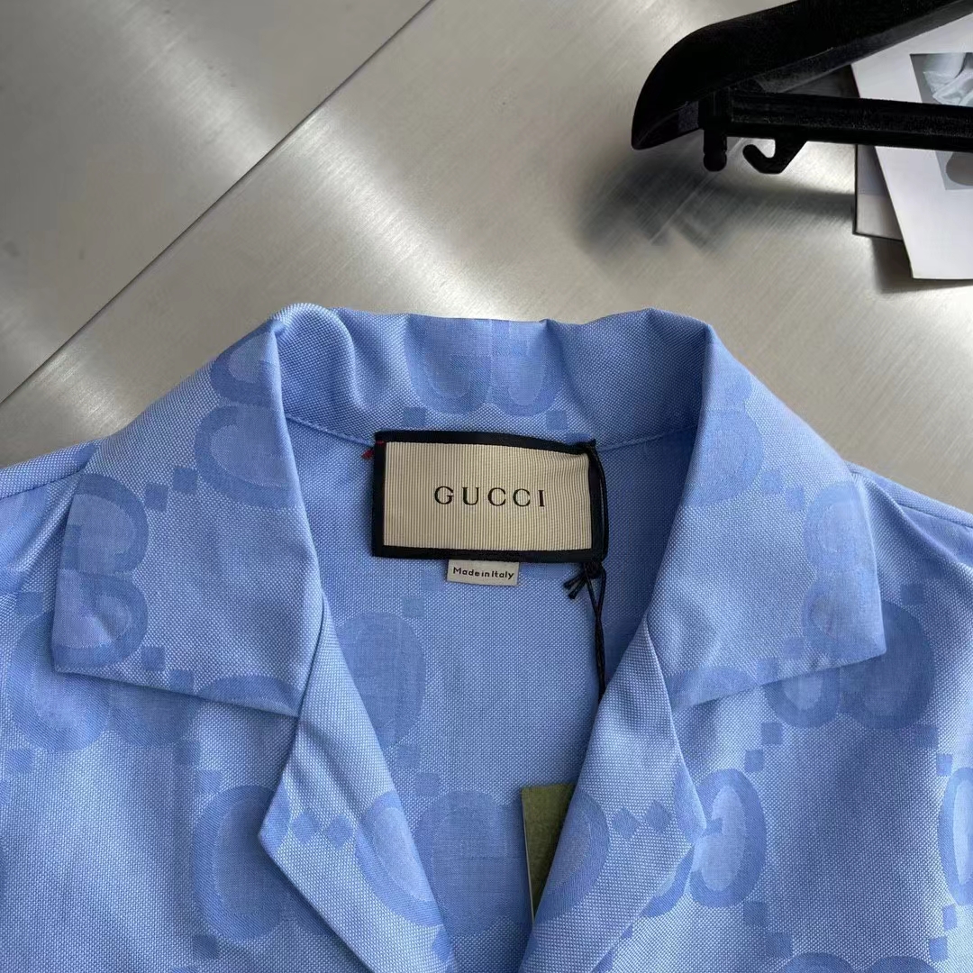 Gucci Women Jumbo GG Cotton Jacquard Bowling Shirt Light Blue Point Collar Short Sleeves