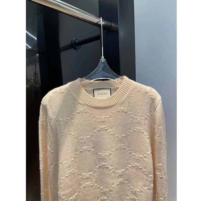 Gucci Women GG Wool Sweater Cream Crewneck Dropped Shoulder Long Sleeves
