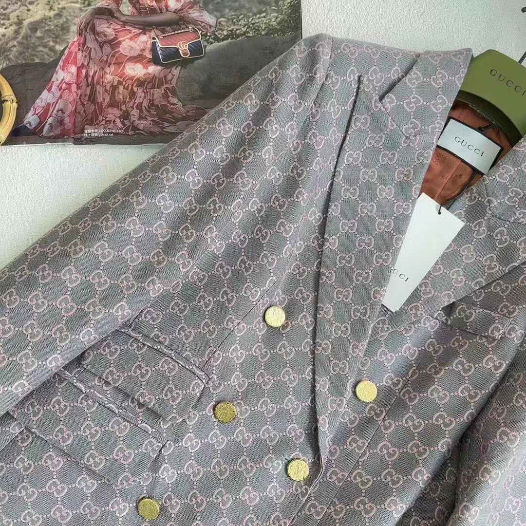 Gucci Women GG Cotton Canvas Jacket Grey Pink Lined Point Revers Double Breasted Fitted Waist