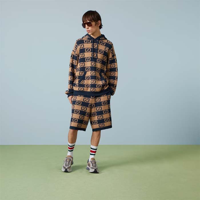 Gucci Men GG Cotton Jacquard Hooded Sweater Beige Dark Blue Dropped Shoulder Kangaroo Pocket