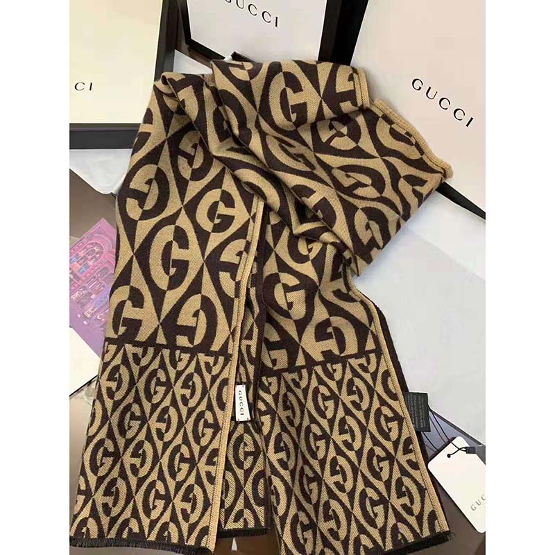 Gucci Unisex G Rhombus Jacquard Scarf in Wool and Cotton-Brown