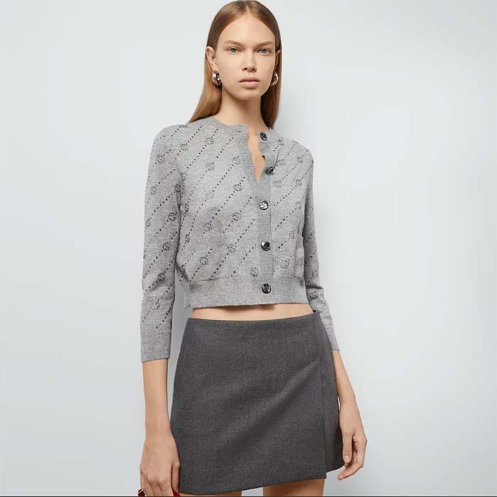 Gucci Women GG Cashmere Cardigan Interlocking G Crewneck Long Sleeves Two Front Pockets