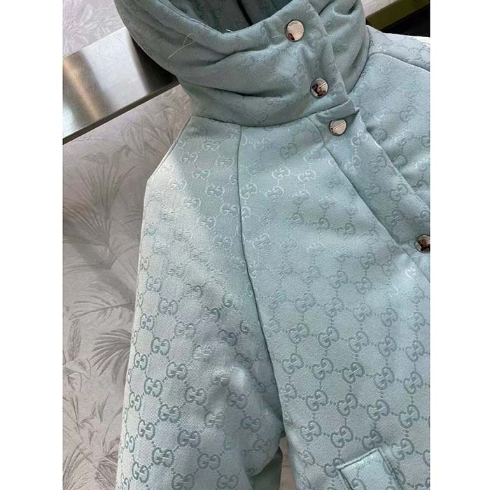 Gucci Women GG Canvas Hooded Bomber Jacket Pale Blue Two Side Pockets Padded Drawstring Hem