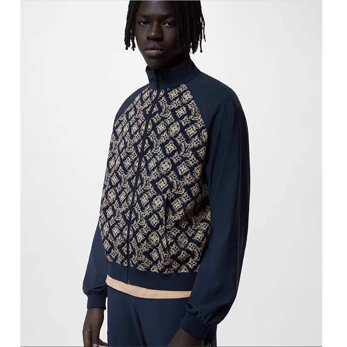 Louis Vuitton Men LV Technical Cotton Zipped Track Top Regular Fit Monogram Sand Jacquard High Jersey Collar
