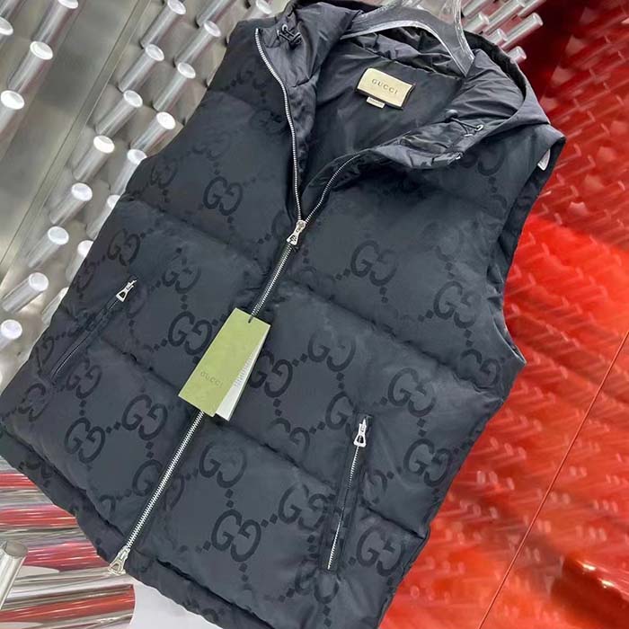 Gucci Men Jumbo GG Canvas Vest Padding Front Pockets Zip Closure Hood Zip Pocket