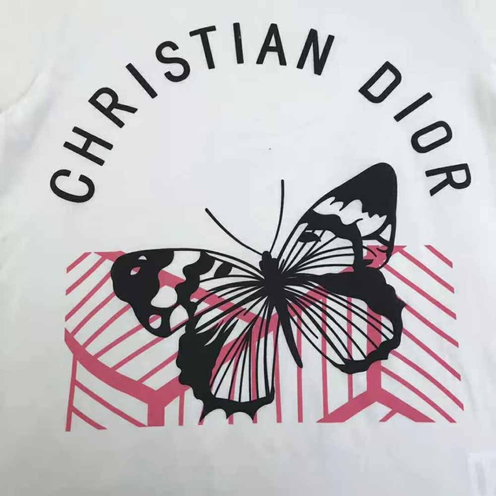 Dior Women T-shirt White Cotton Jersey with Fluorescent Pink D-Jungle Pop Motif