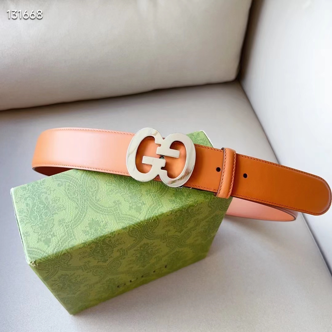 Gucci GG Unisex Buckle Wide Belt Brown Leather Double G 4 CM Width