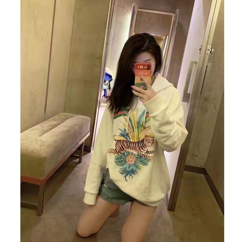 Gucci Women GG Tiger Hooded Sweatshirt Ivory Felted Cotton Jersey Fixed Hood