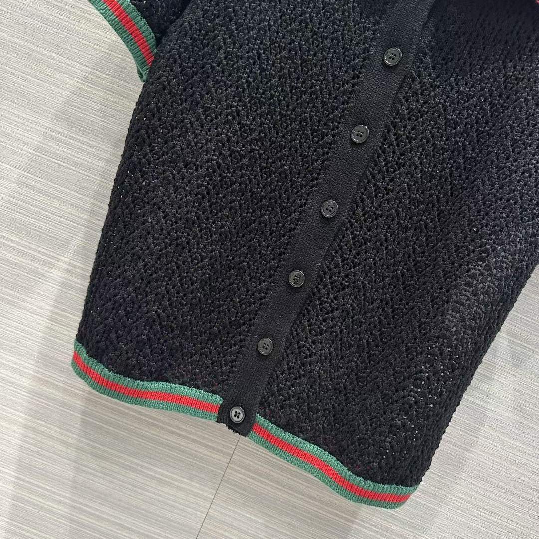 Gucci GG Women Cotton Lace Polo Web T-Shirt Black Short Sleeves