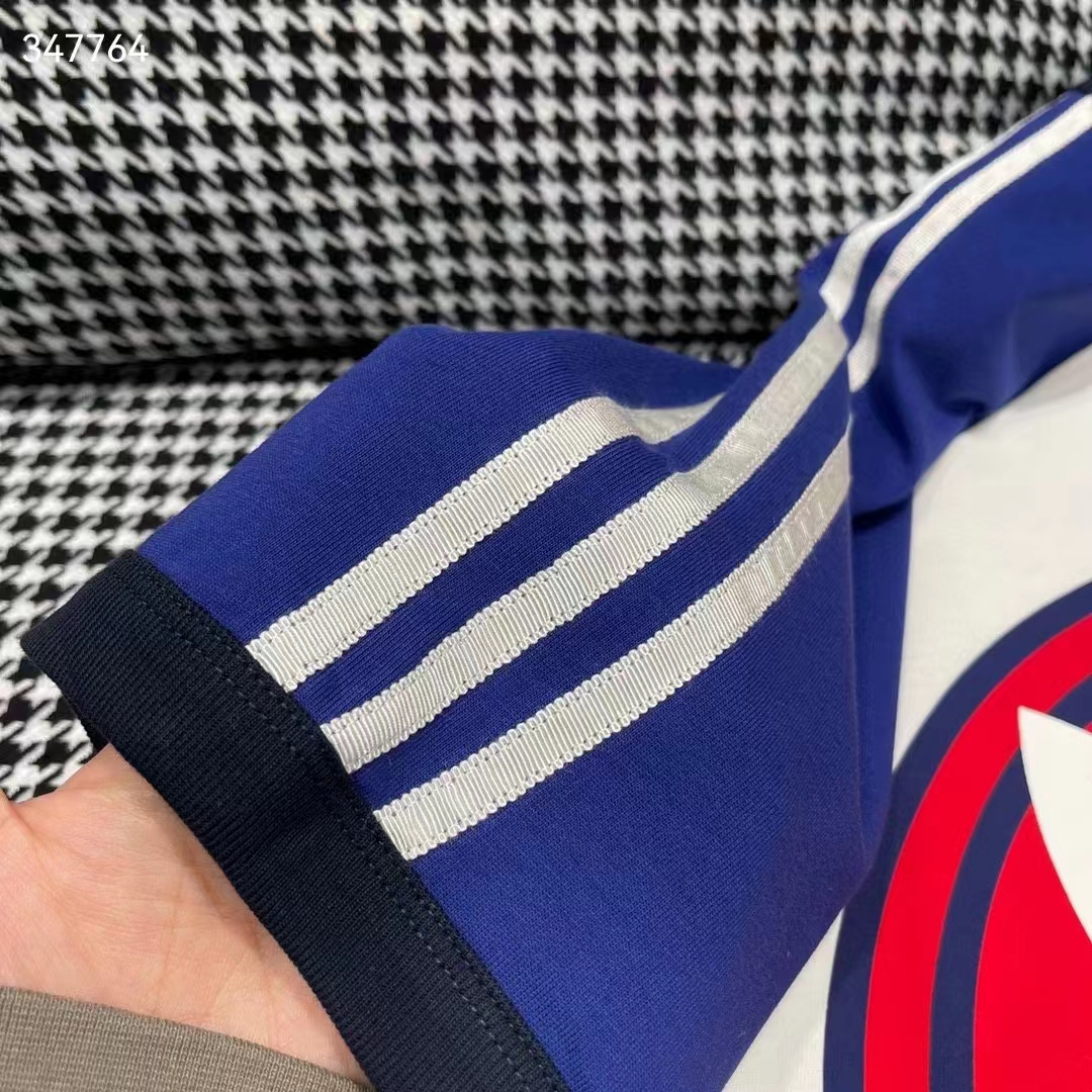 Gucci Men GG Adidas x Gucci Cotton Jersey T-Shirt Ivory Blue Trefoil Print Raglan Sleeves Crewneck