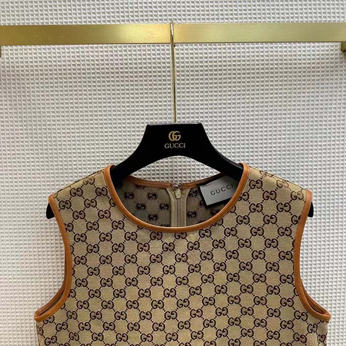 Gucci Women GG Canvas Dress Brown Beige Leather Unlined Crewneck Sleeveless