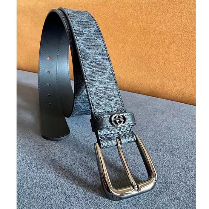 Gucci Unisex GG Belt Interlocking G Detail Grey Black GG Supreme Square Buckle